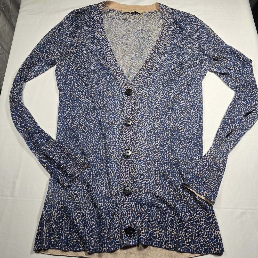 Loft Womens Small Blue Tan Animal Dot Print V-Neck Cardigan Sweater Ramie Blend